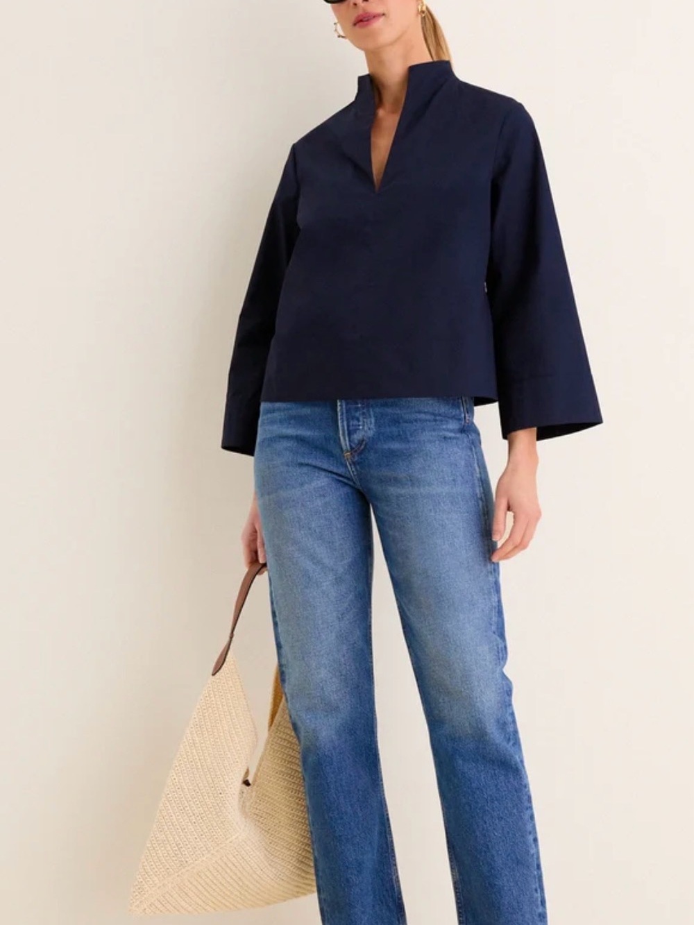 Tuckernuck Navy Split-Neck Long-Sleeve Blouse - Large - Picture 5 of 6